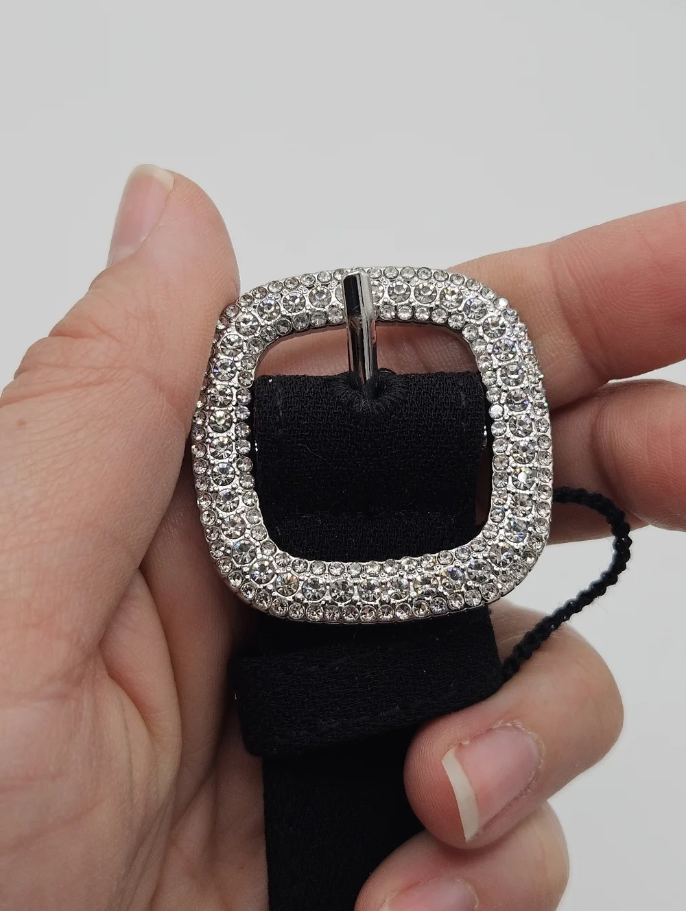 black fabric belt with silver tone square rhinestone buckle size 4